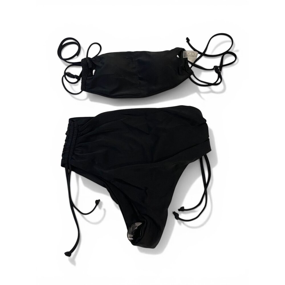 NWT SHEIN Black Bandeau Bikini Set High Waist Ruched Adjustable Straps Size S